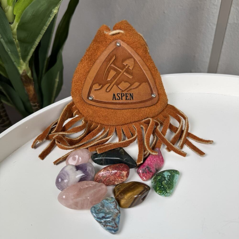 Heirloom Folk Vintage Suede Aspen Drawstring‎ Pouch with Fringe and Gemstones